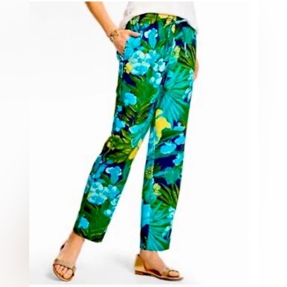 Talbots Pants Womens Size 1X Blue Green Floral Drawstring Waist Pull On Tropical - Picture 1 of 8